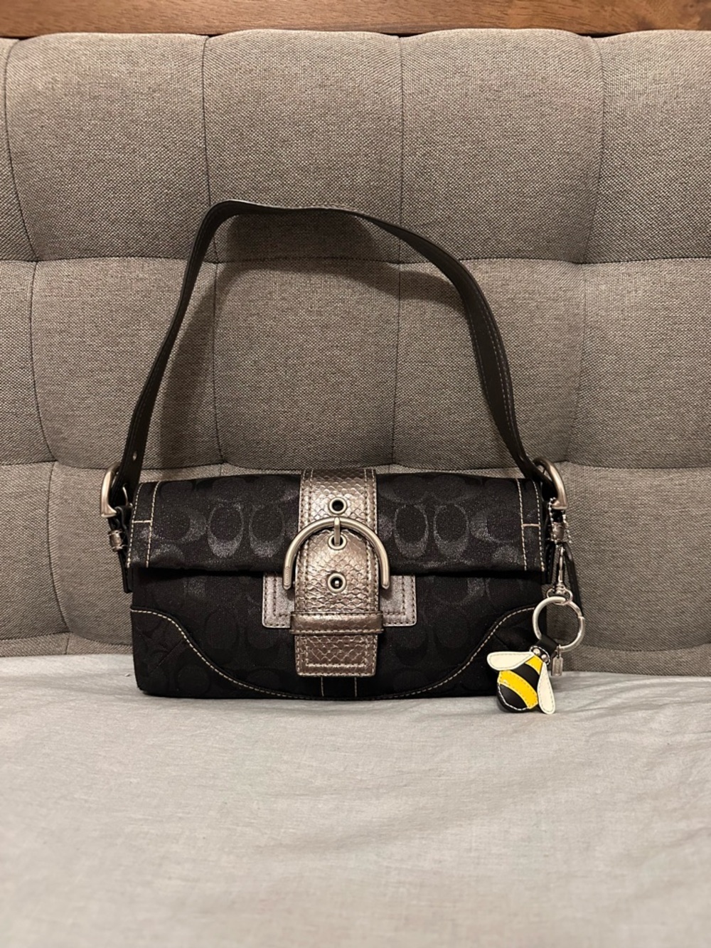 Vintage Coach Bag Soho baguette signature canvas and snake embossed trim